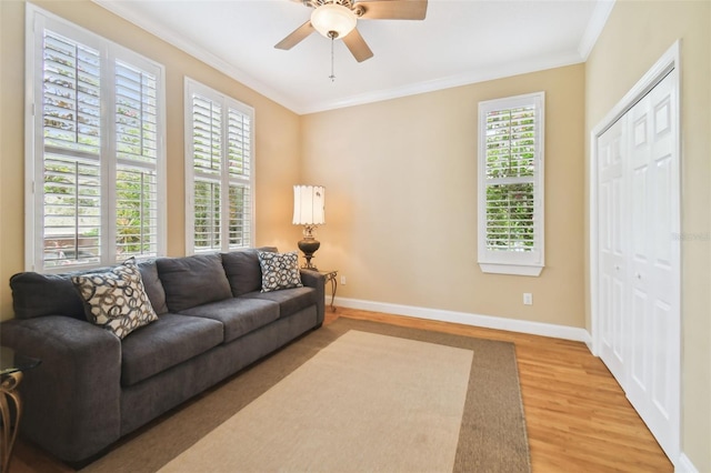 living area with ornamental molding, light wood-type flooring, a wealth of natural light, and baseboards