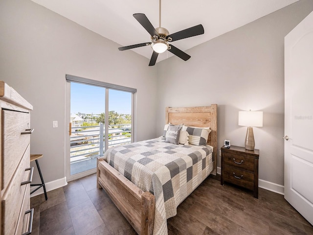 bedroom with ceiling fan, vaulted ceiling, and access to exterior