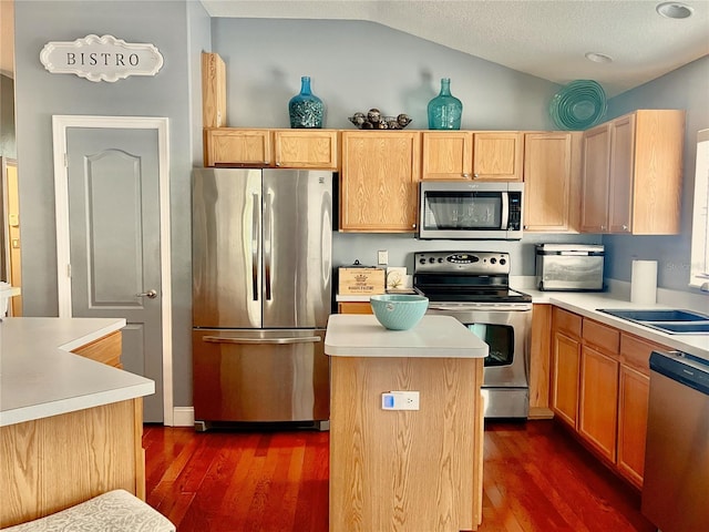 kitchen with a center island, lofted ceiling, sink, dark hardwood / wood-style floors, and appliances with stainless steel finishes