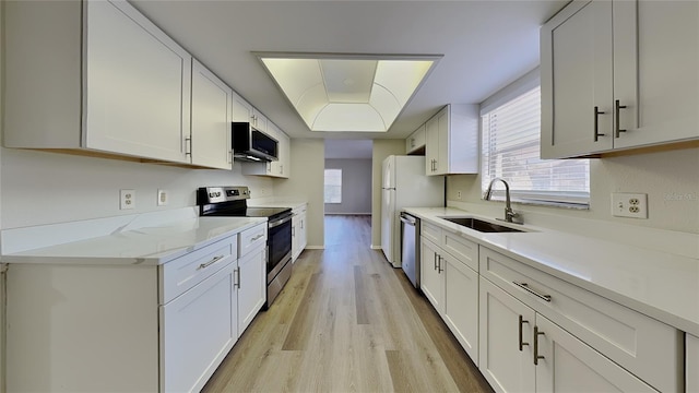 kitchen featuring a sink, stainless steel appliances, light wood-style floors, white cabinets, and baseboards