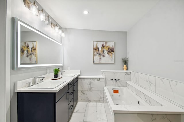 bathroom featuring tile patterned floors, double vanity, and a relaxing tiled tub