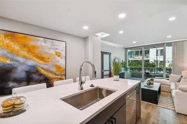 kitchen with sink, dishwasher, hardwood / wood-style floors, and light stone counters