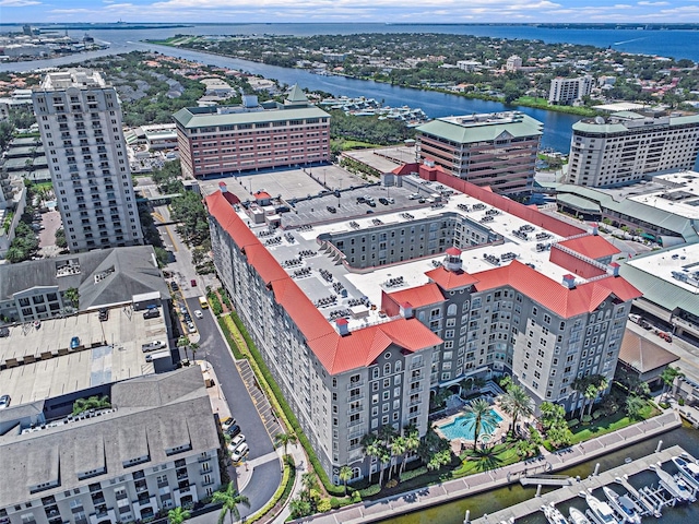 drone / aerial view featuring a water view