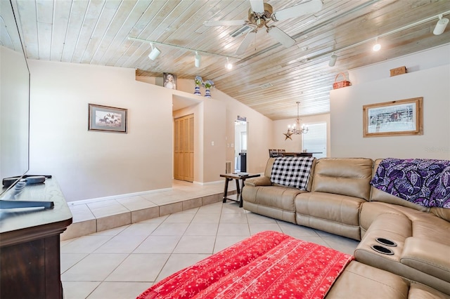 tiled living room with vaulted ceiling, wood ceiling, ceiling fan with notable chandelier, and rail lighting