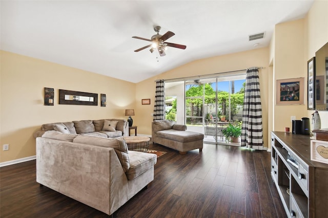 living room with dark wood-type flooring, lofted ceiling, and ceiling fan