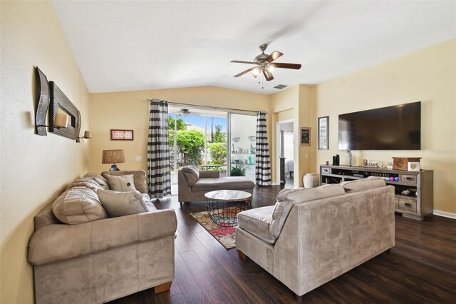 living room with dark hardwood / wood-style flooring, lofted ceiling, and ceiling fan