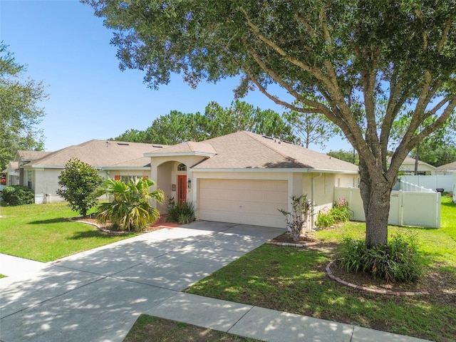 ranch-style home with a garage and a front yard