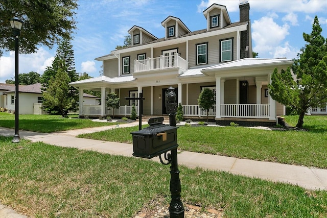 638 Limona Woods Dr, Brandon, FL 33510 - view of front of property with a front yard, a balcony, a porch, and metal roof