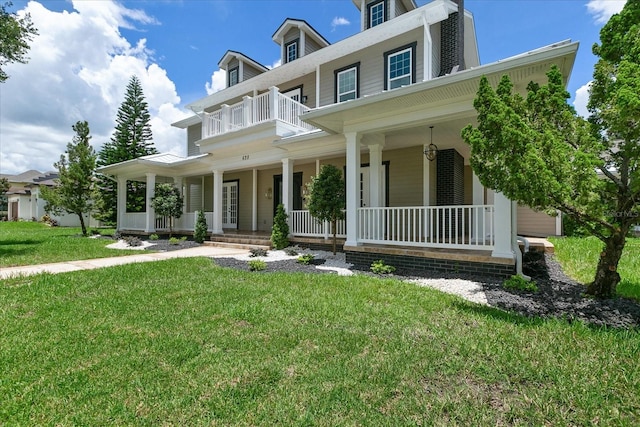 view of front of house featuring a front lawn, a balcony, and covered porch