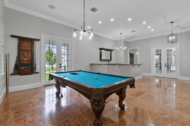 playroom featuring an inviting chandelier, pool table, french doors, and crown molding