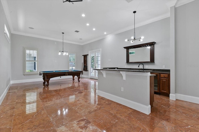 rec room featuring a notable chandelier, billiards, tile floors, ornamental molding, and french doors