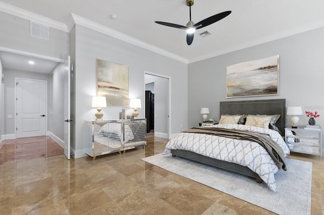 bedroom with tile flooring, ornamental molding, and ceiling fan