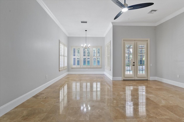 interior space featuring tile flooring, ornamental molding, and ceiling fan with notable chandelier