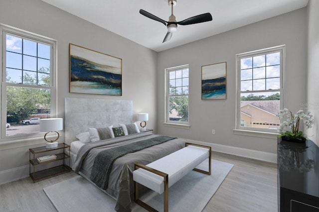 bedroom featuring ceiling fan and light wood-type flooring