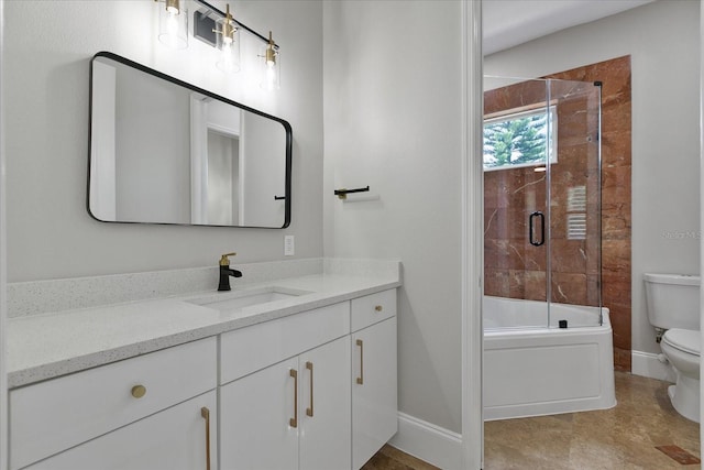 full bathroom featuring tile flooring, combined bath / shower with glass door, vanity, and toilet