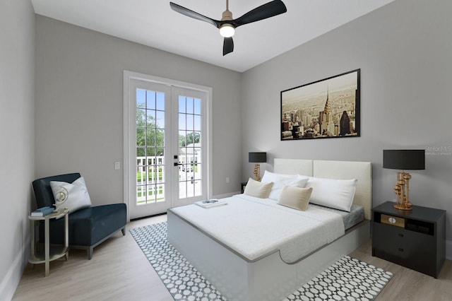 bedroom with ceiling fan, multiple windows, light hardwood / wood-style floors, and access to outside