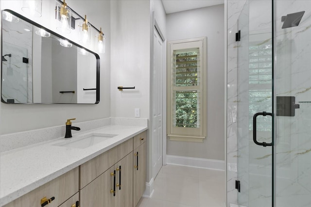 638 Limona Woods Dr, Brandon, FL 33510 - bathroom with tile patterned flooring, vanity, a marble finish shower, and baseboards