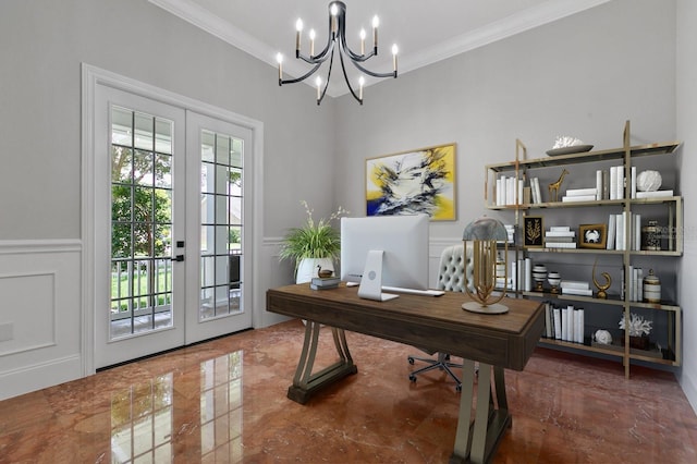 tiled home office featuring crown molding, french doors, and a notable chandelier