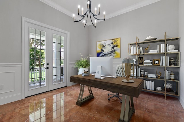 638 Limona Woods Dr, Brandon, FL 33510 - home office featuring ornamental molding, a decorative wall, french doors, and a notable chandelier