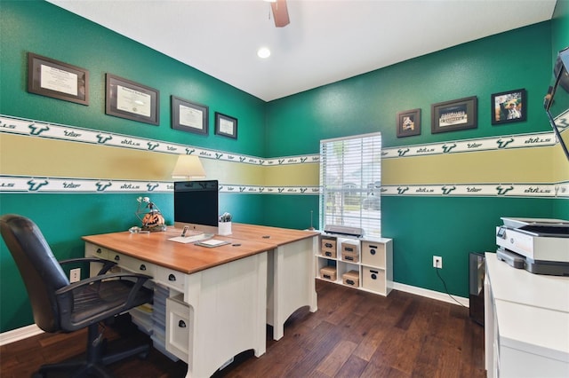 office with dark hardwood / wood-style flooring and ceiling fan