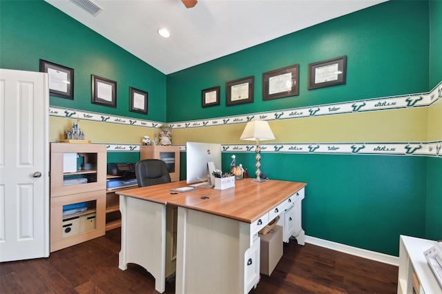 office space with dark wood-type flooring and ceiling fan