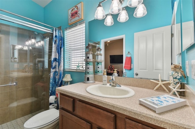 6843 Boulder Run Loop, Wesley Chapel, FL 33545 - bathroom featuring a stall shower, a chandelier, vanity, and toilet