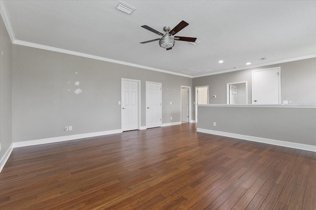 unfurnished room with dark hardwood / wood-style floors, ceiling fan, and crown molding