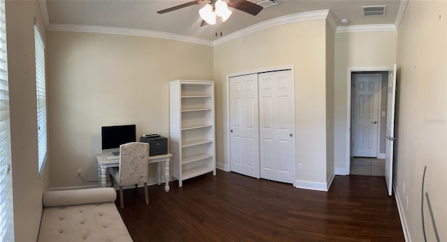 office with ceiling fan, dark hardwood / wood-style flooring, and crown molding