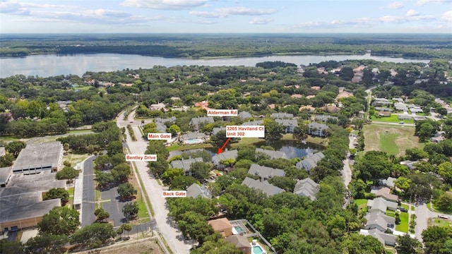 bird's eye view with a water view