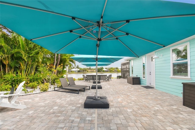 view of patio / terrace with a water view