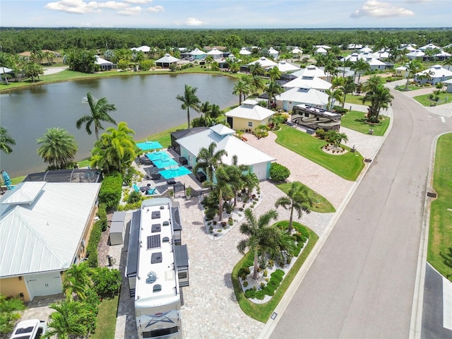 drone / aerial view featuring a water view