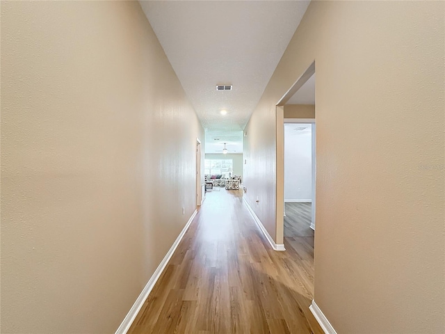 hallway featuring a textured ceiling and light hardwood / wood-style flooring