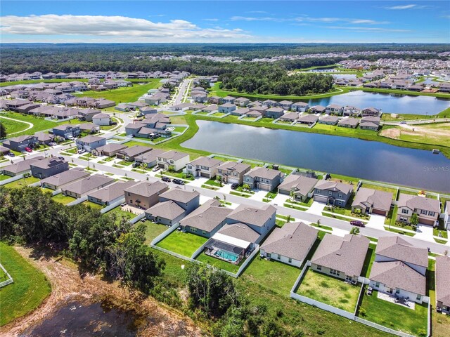 bird's eye view with a water view