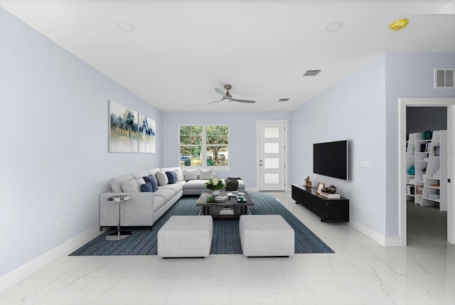 living room with ceiling fan