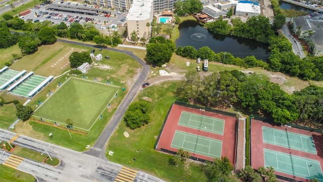 drone / aerial view with a water view