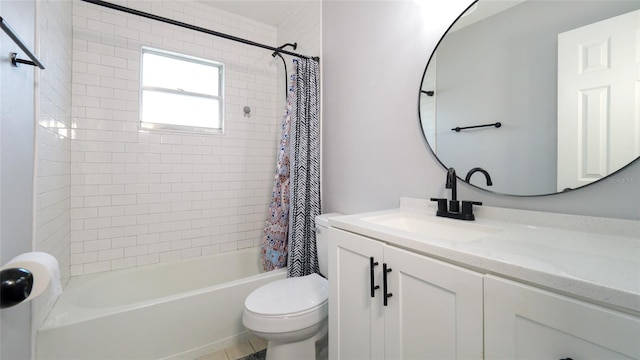 full bathroom featuring shower / bathtub combination with curtain, toilet, and vanity