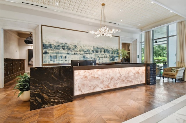 reception area with a notable chandelier