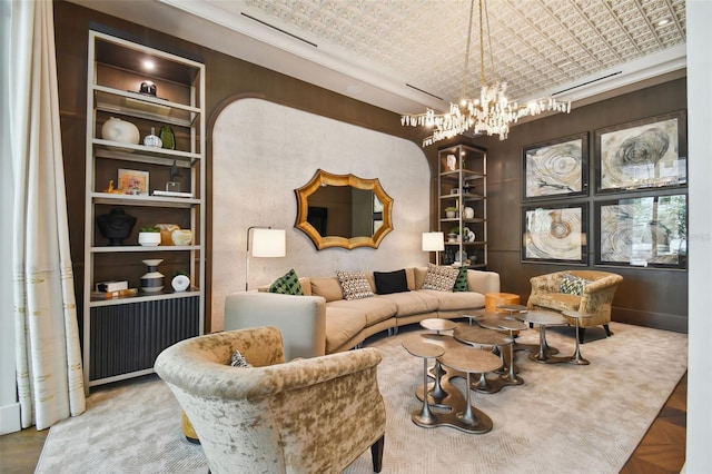 living room featuring a chandelier, radiator, and brick ceiling