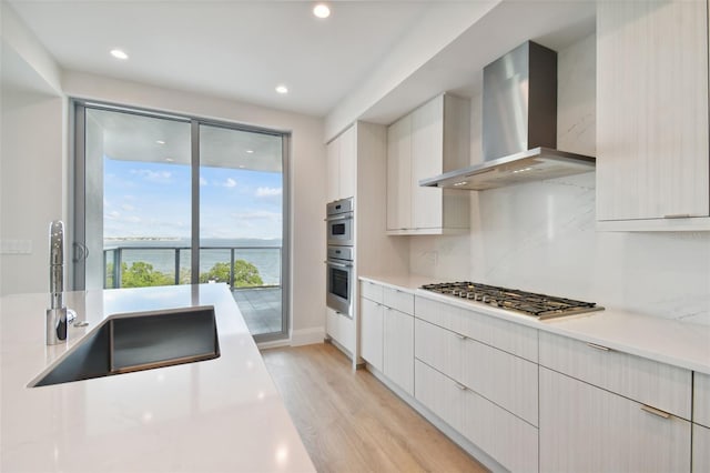 kitchen with sink, wall chimney exhaust hood, stainless steel appliances, a water view, and light wood-type flooring