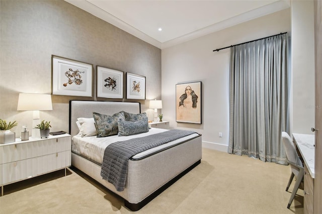 carpeted bedroom with ornamental molding