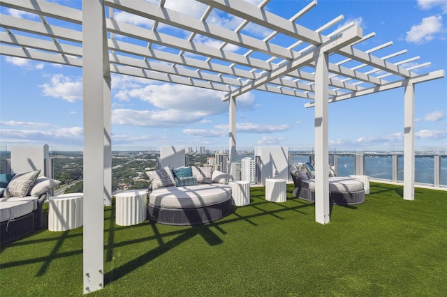 view of patio with a pergola and a water view