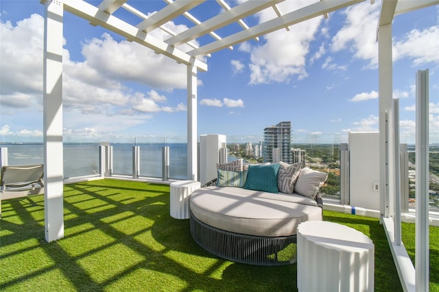 exterior space featuring a pergola and a water view