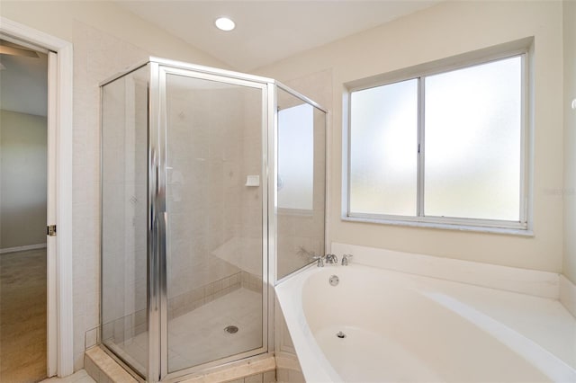 full bath with a garden tub, a shower stall, and recessed lighting