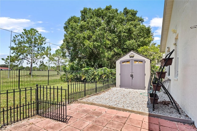 view of patio / terrace with a storage unit