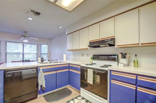 kitchen featuring electric stove, blue cabinetry, white cabinets, sink, and black dishwasher