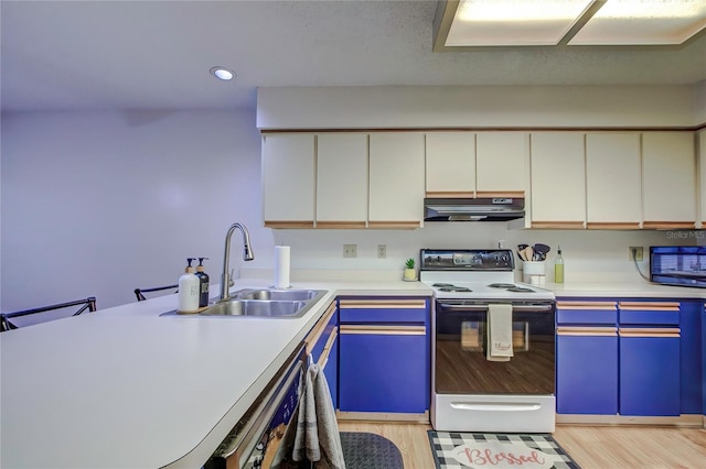 kitchen with sink, light wood-type flooring, blue cabinets, dishwasher, and white electric range oven