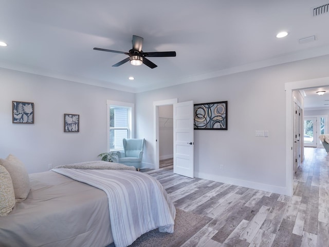 bedroom with ceiling fan, light hardwood / wood-style floors, crown molding, a walk in closet, and a closet