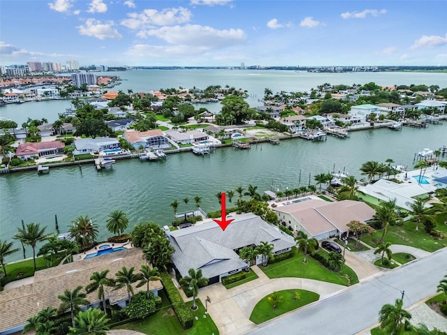 drone / aerial view featuring a water view