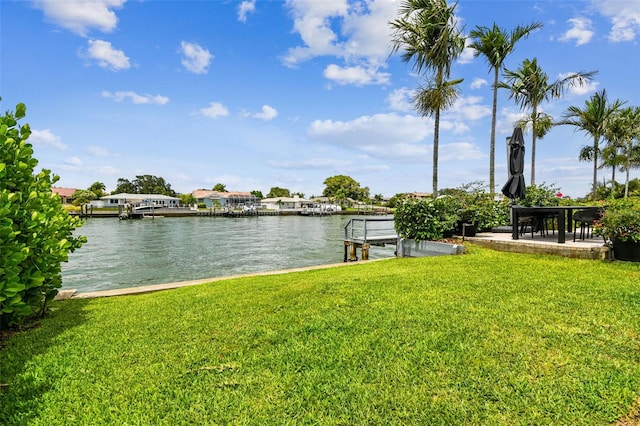 dock area featuring a water view and a yard