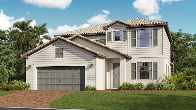 view of front facade with an attached garage, a front lawn, decorative driveway, and a tiled roof